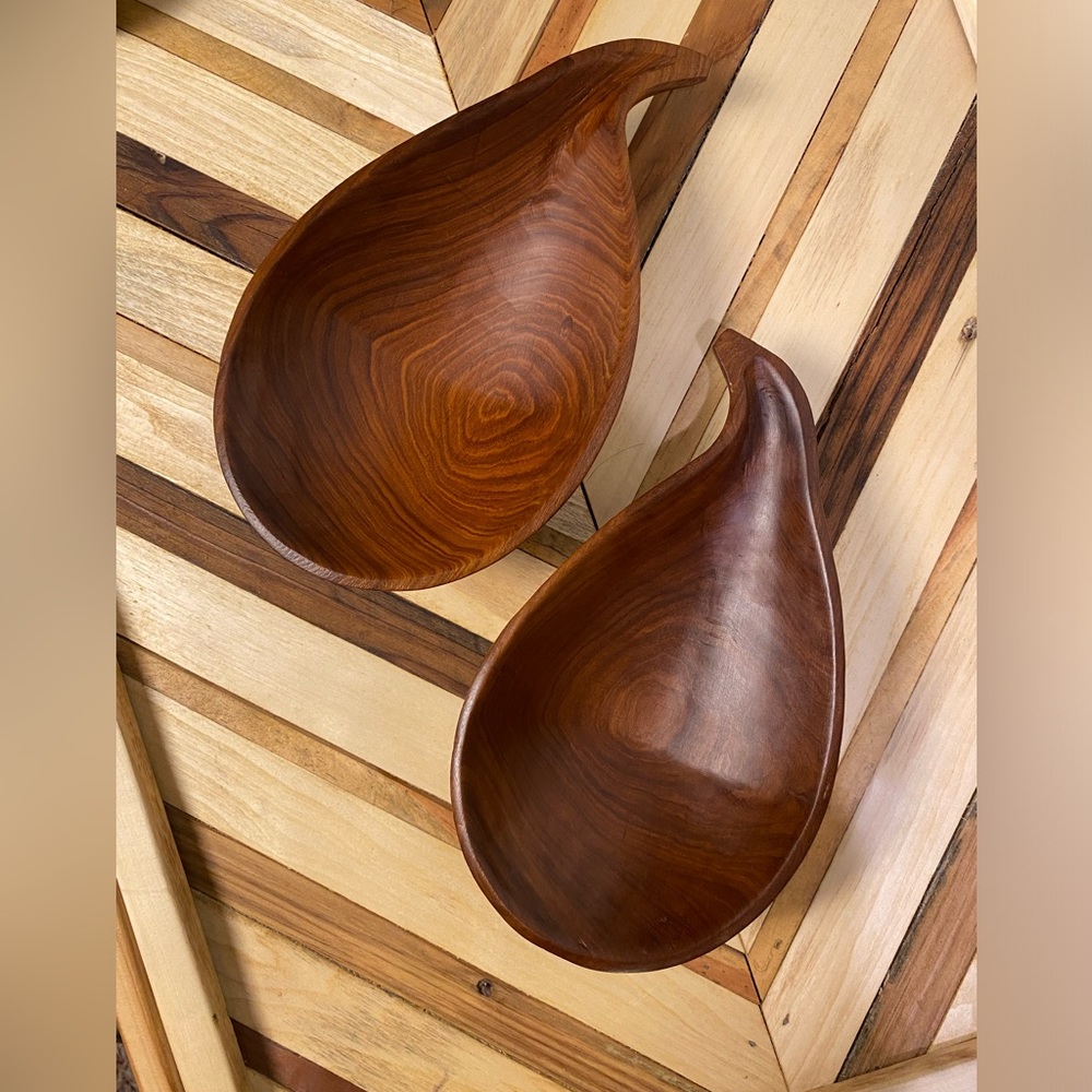 Pair of vintage hand carved wooden teardrop/pear shaped serving dishes
